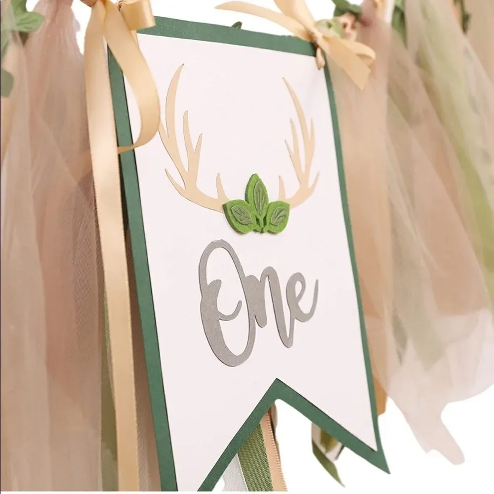 Woodland First Birthday Decorations ONE high chair banner and gold sparkly crown